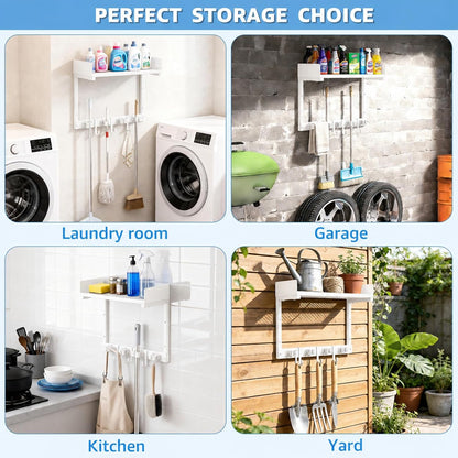 27" Mop and Broom Holder Wall Mount with Top Storage Shelf & Hooks,Black | Mop Hanger Wall Mount, 5 Grippers, 5 Hooks, Wall Organizer For Laundry Room, Garage And Kitchen