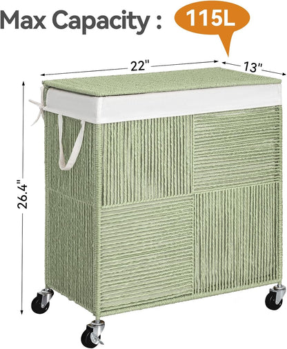 WOWLIVE Double Laundry Hamper with Wheels, Handwoven Rolling Laundry Basket | 115L Dirty Clothes Hamper with Lid, Removable Liner Bag, Large Capacity Laundry Sorter Laundry Room Organization, Green