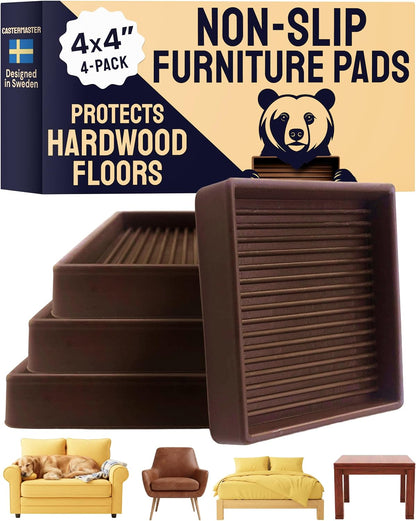 Non-Slip Furniture Pads - 4x4 in Brown, 4 Pack | Square rubber caster cups - anti-skid - Use for heavy sofas, beds & chairs on hardwood floors