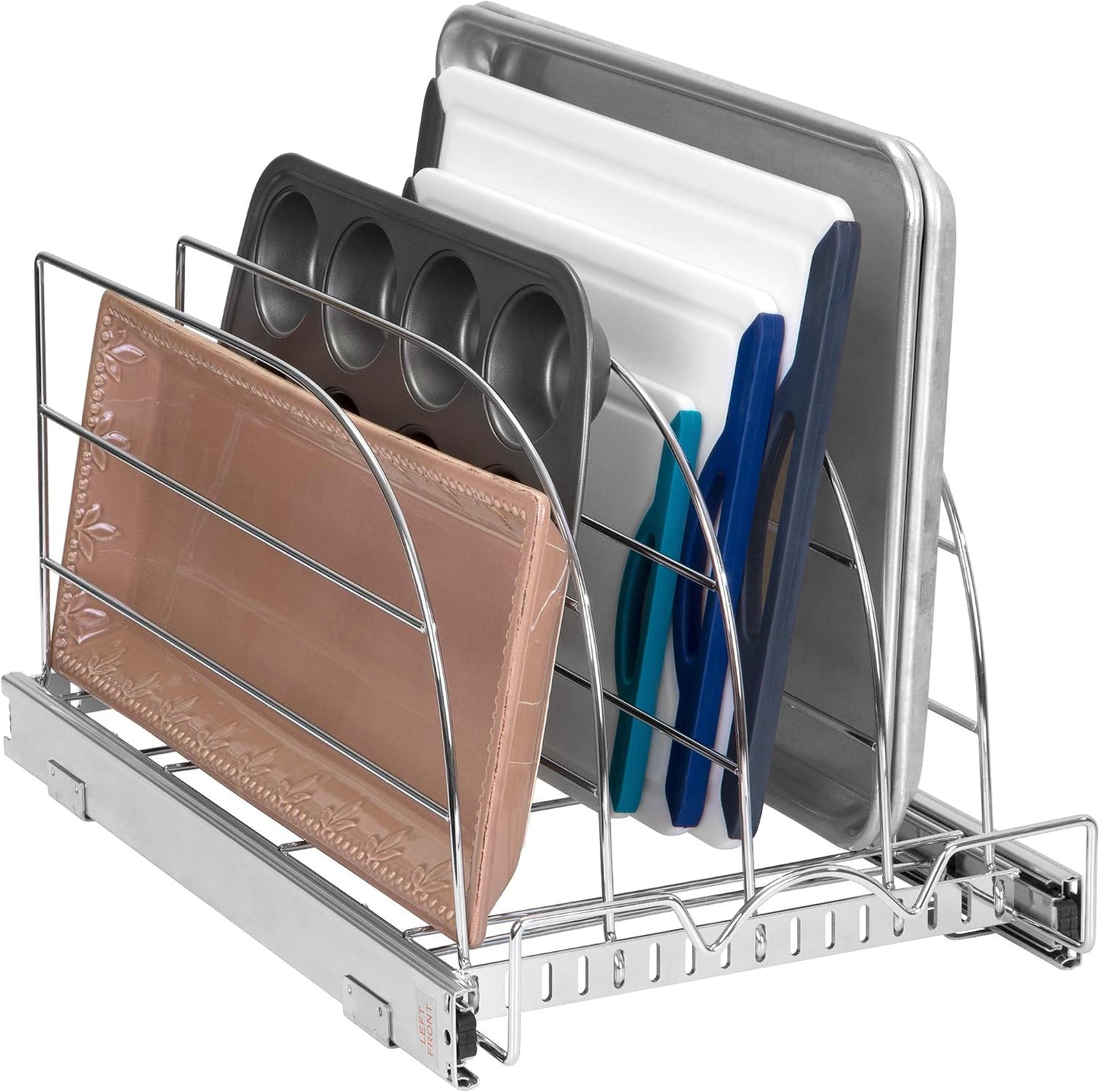 Pull Out Organizer for Bakeware, Cutting Board and Trays, 8.5"W x 21"D | Stores Cutting Board and Trays, Adjustable Dividers, Heavy Duty, Lifetime Limited Warranty - For Narrow Cabinet Spaces