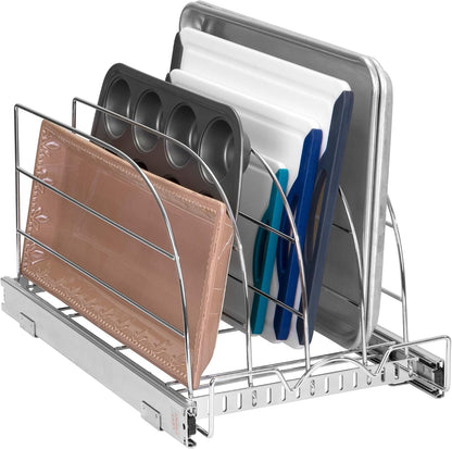 Pull Out Organizer for Bakeware, Cutting Board and Trays, 8.5"W x 21"D | Stores Cutting Board and Trays, Adjustable Dividers, Heavy Duty, Lifetime Limited Warranty - For Narrow Cabinet Spaces