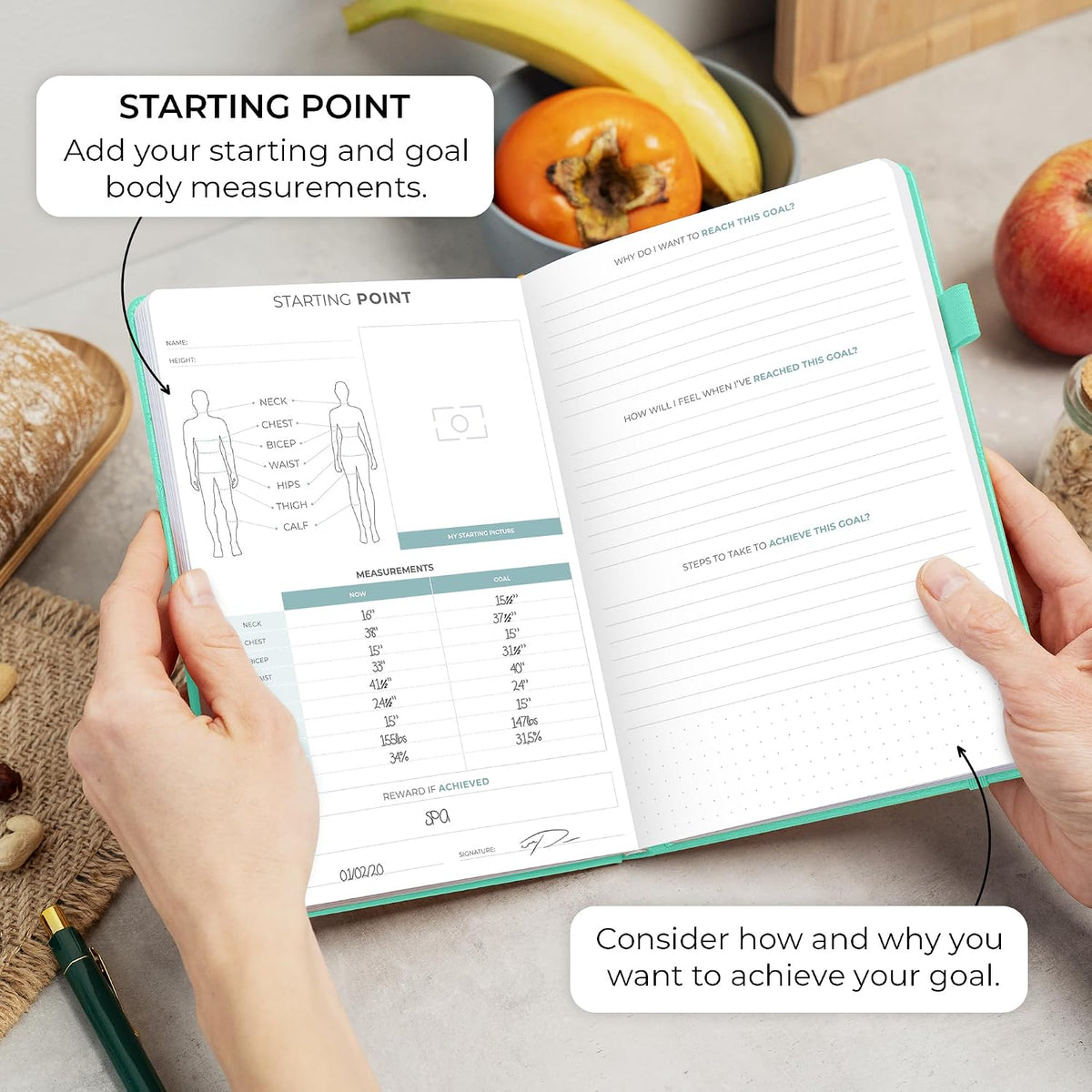 Clever Fox Food Journal for Women & Men, Weight Loss Tracker, Aquamarine