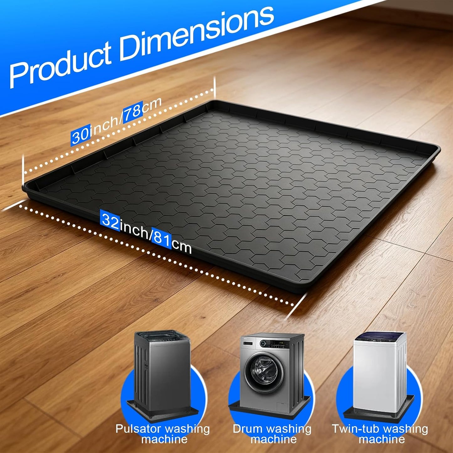 Silicone Washing Machine Drain Pan, 32"x 30" Raised Edge Drip Tray | Thickened silicone; Anti-slip & anti-vibration; Soft & foldable; Protect floors & laundry rooms; Fits most washer or dryer