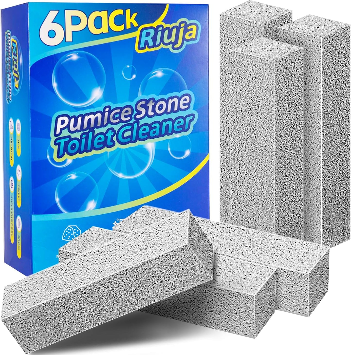 Riuja 6 Pack Pumice Stone Toilet Bowl Cleaner, Pumice Stone for Cleaning | Scouring Stick Removes Hard Water Ring & Rust Stain, Easy to Shape Powerfully Cleans Toilets, Ceramic, Grill, Tub, Pool, Sink