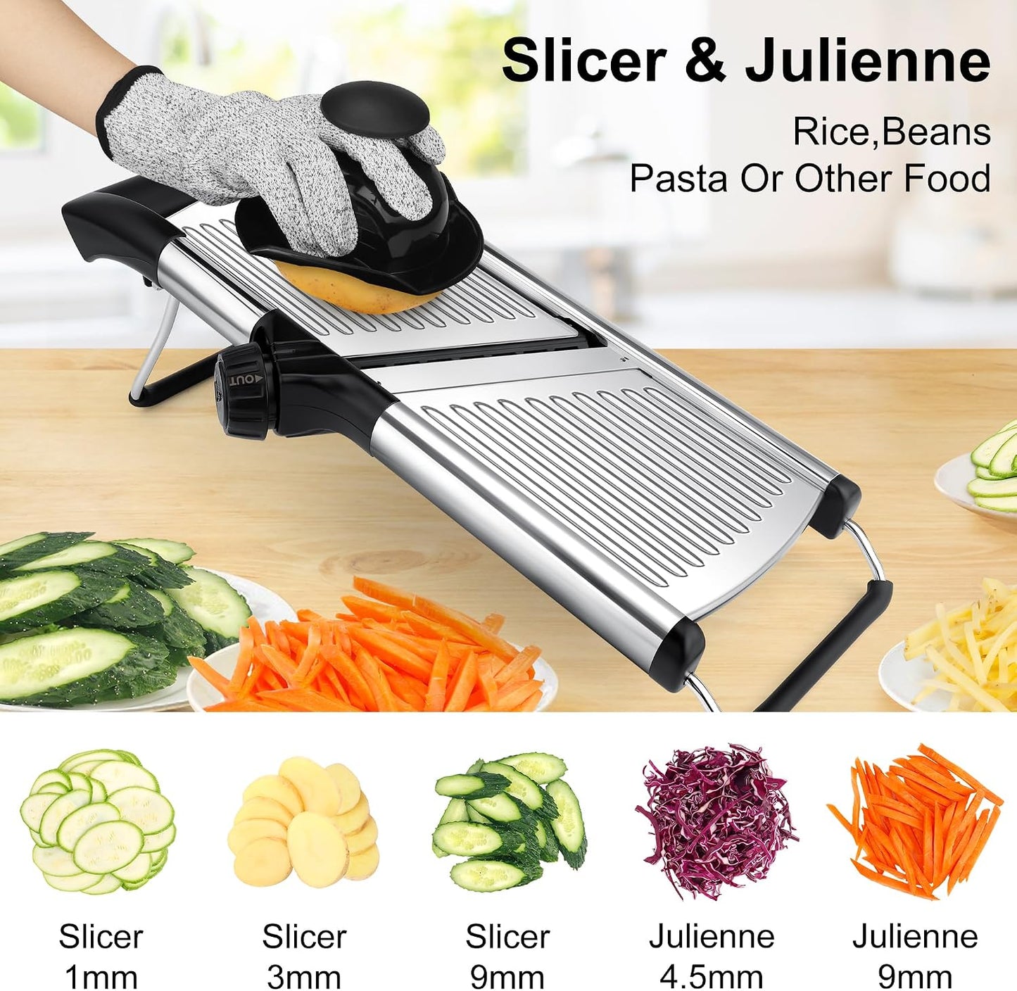 -BINGBING- Mandoline Slicer for Kitchen, Adjustable Mandoline Food Slicer | Stainless Steel Vegetable Slicer, Adjustable Blade, Slices, Julienne, Waffle and French Fries Cut, Includes Gloves and Brush