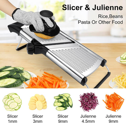 -BINGBING- Mandoline Slicer for Kitchen, Adjustable Mandoline Food Slicer | Stainless Steel Vegetable Slicer, Adjustable Blade, Slices, Julienne, Waffle and French Fries Cut, Includes Gloves and Brush
