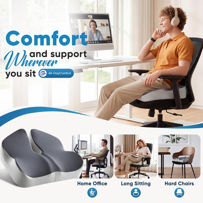 Office Chair Seat Cushion, Adjustable Height Memory Foam Cushion with Coccyx Cutout,Thick Ergonomic Seat Pad for Long Sitting, Tailbone Support for Desk Chair, Washable Cover