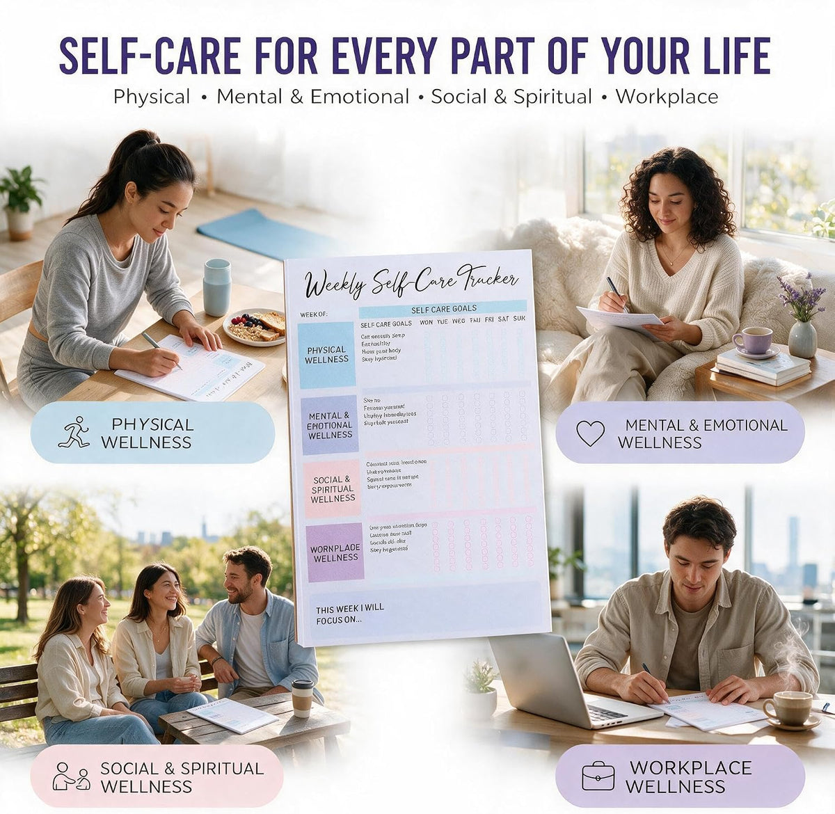 4 Pack Self Care Weekly Tracker Notepads (2 Blank + 2 Guided), 6 ''x 9''