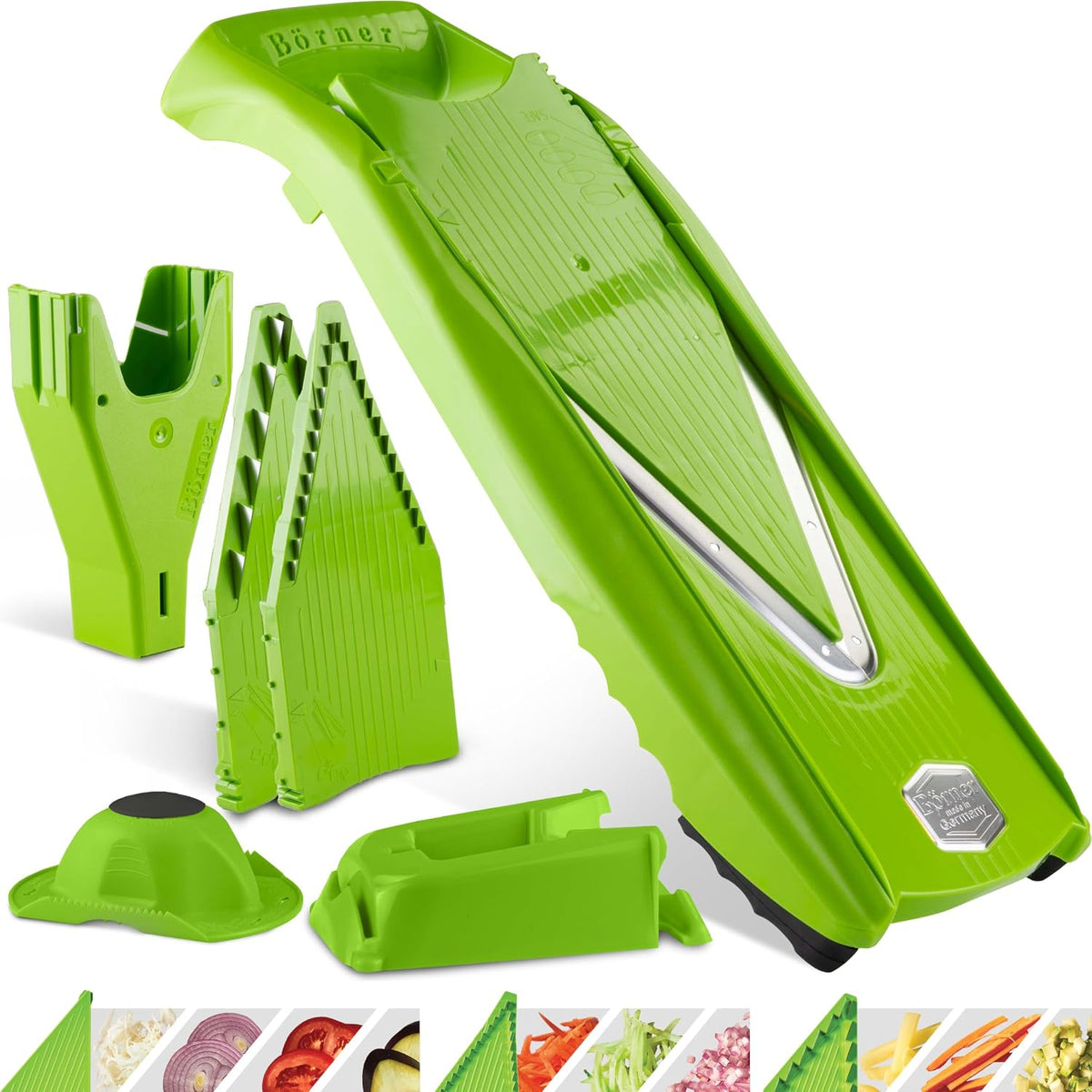 Mandoline Food Slicer Börner V5 (Profi Set) by Reston Lloyd • V-Slicer with 4 Inserts, Docking Station & Food Holder • Made in Germany • Fruit & Vegetable Chopper • Multiple Settings • Color: Lime