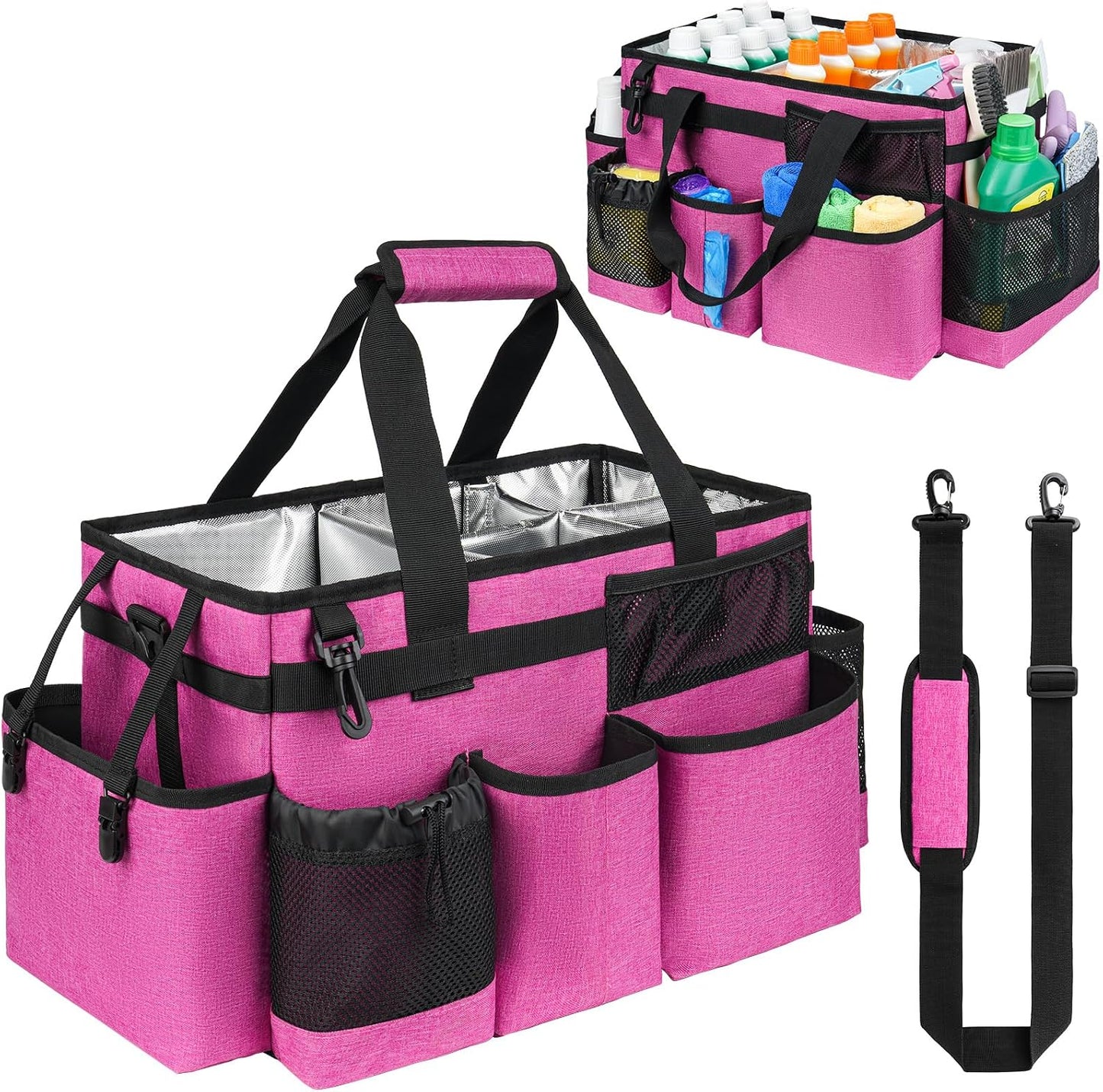 Cleaning Caddy Bag, Extra Large Cleaning Supply Bag for Housekeepers,Black | Sturdy Cleaning Caddy Organizer for Cleaning Supplies with Handle and Adjustable Shouder Strap, Easy to Clean Design