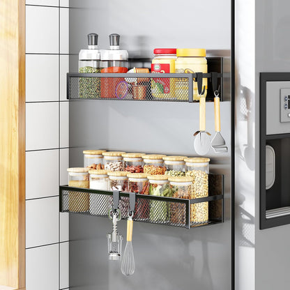 Aufworld Magnetic Spice Rack for Refrigerator, 3 Pack Magnetic Shelf, Moveable Fridge Organizer with 8-Hook Rack, Seasoning Organizer for Kitchen