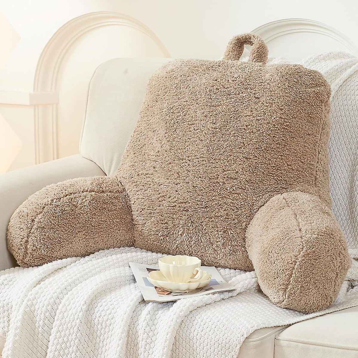 StarAneer Reading Pillow for Sitting in Bed Adult,Back for Bed Sitting Up, Pillow,Backrest Back Support Chair Pillow, College Dorm Essentials for Girls and Boys, Velvet Beige L