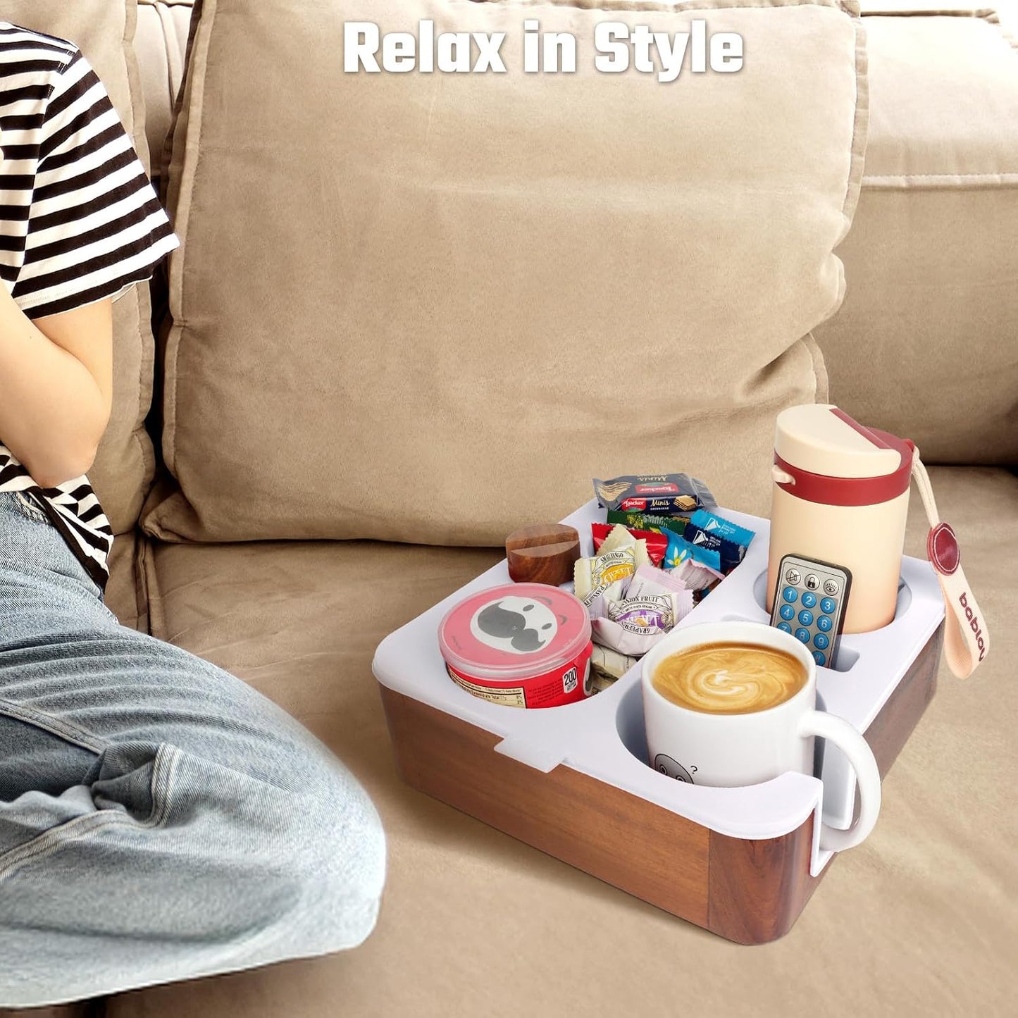 Couch Cup Holder Tray, Real Acacia Wooden Caddy with Soft Silicone, Snack and Drink Organizer- Perfect Movie Night Accessories for Bed, Remote and Cup Holders for Sofa (Black)