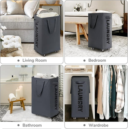 CHICVITA 75L Large Rolling Laundry Basket with Wheels & Wash Bag, Grey | Collapsible design saves space for corner dorms. Removable wash bag for easy laundry transport