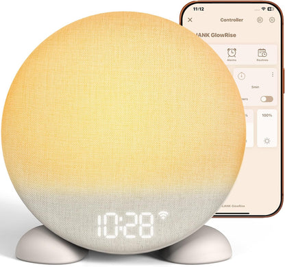 ANJANK App Smart Sunrise Alarm Clock Sound Machine with Wake up Light, Dimmable Clock & Night Light, Up to 15 Alarms, White Noise Machine with 25 Soothing Sounds for Bedroom, Gift for Kids Adults