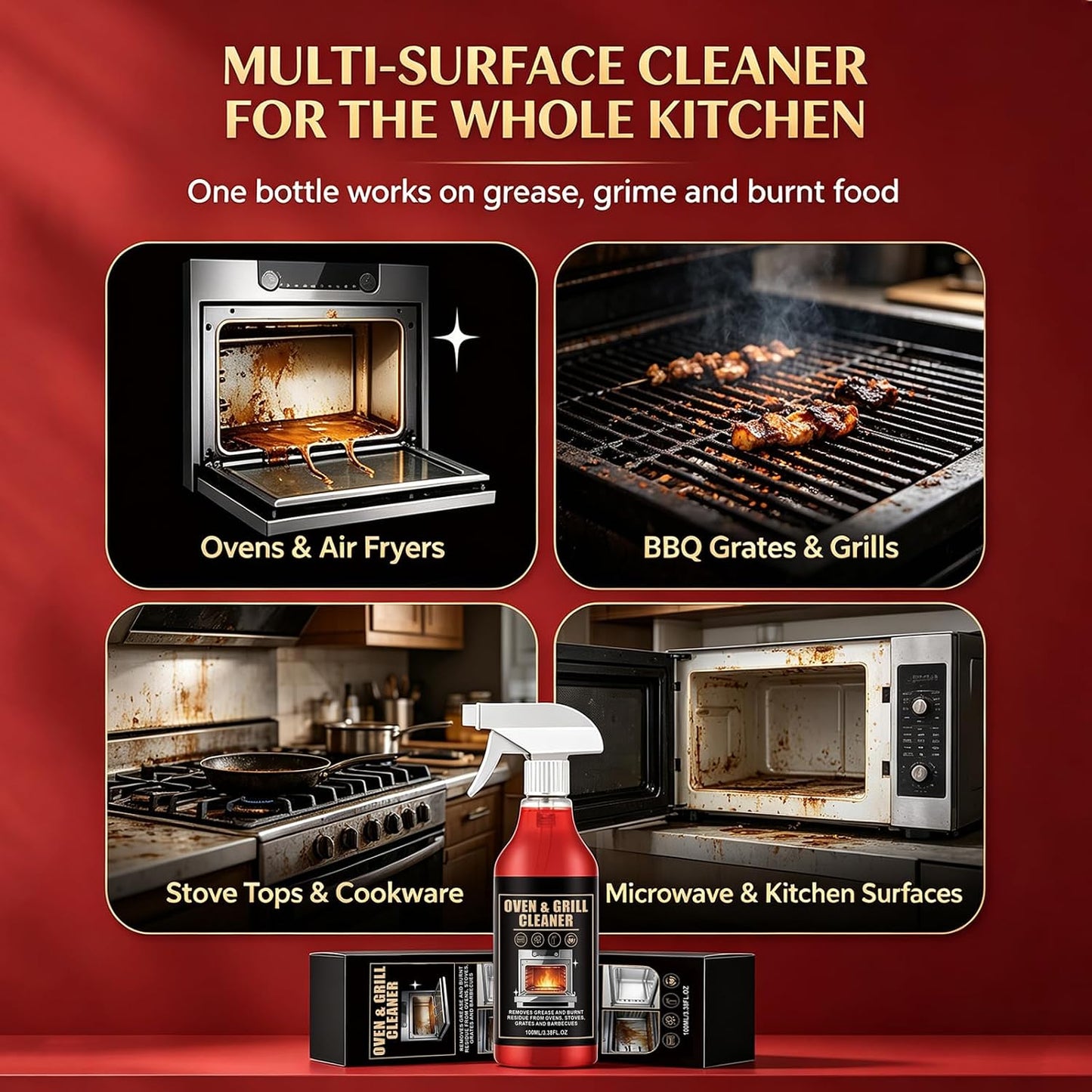 Oven & Grill Cleaner Spray Heavy Duty Super Concentrated Degreaser, No Scrub Formula for Burnt Grease, Air Fryer, BBQ Grates, Stove, Microwave & Kitchen Cookware, Deep Cleaning Solution, 3.38oz/100ML