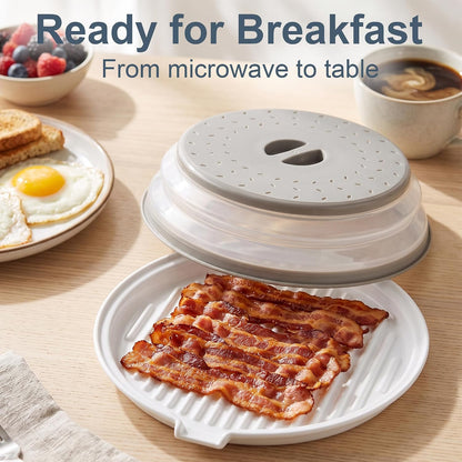 ONEMORE Microwave Bacon Cooker, 13" Ceramic Bacon Tray with Splatter Cover