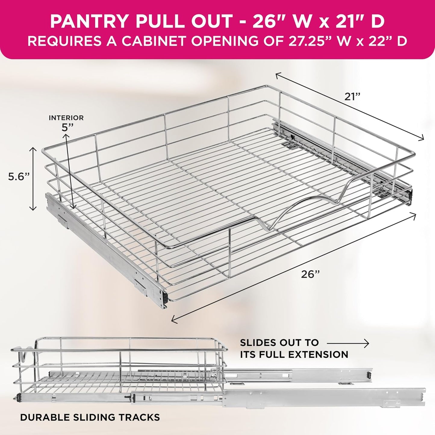 HOLDN’ STORAGE Pull Out Cabinet Organizer, Pantry Drawer, 14"W x 21"D x 5"H | Heavy-Duty Full-Extension, Roll Out Shelf for Pots, Pans & Under Sink Storage, Chrome, Require a 15.25"W Cabinet Opening