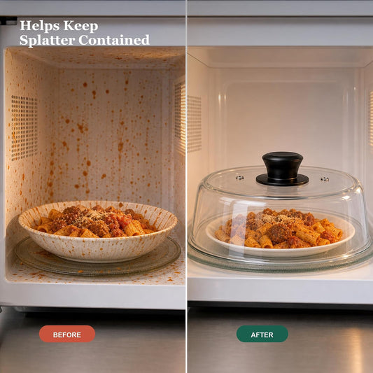 Glass Microwave Splatter Cover for Food, 10-Inch Borosilicate Glass Microwave Plate Cover with Vent Hole & Anti-Slip Silicone Mat, Tall Heat Resistant Microwave Food Cover, Dishwasher Safe