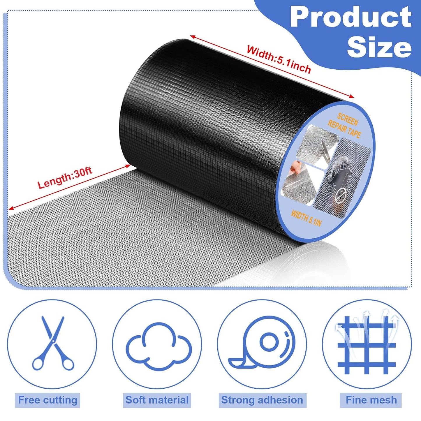 CroBlissful 5 Inch X 20 ft Extra Wide Window Screen Tape Mesh Repair, Gray | Strong Adhesive, Waterproof Fiberglass, Screen Repair Kit Patch, for Window Door Tears Holes