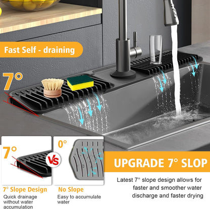 17.7-Inch Kitchen Sink Splash Guard Mat | 7° Slope for Fast Self-Draining | Snap-Lock Design | Universal & Cuttable Silicone Faucet Mat Gray