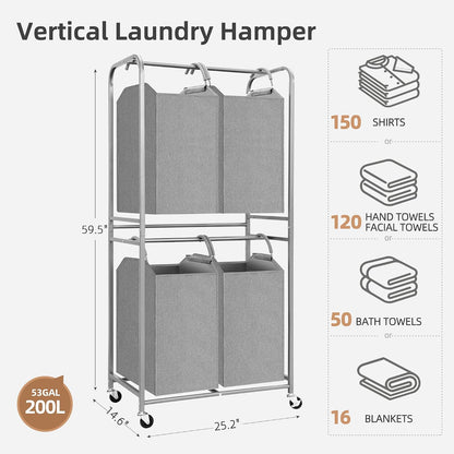 STORAGE MANIAC 2 Tier Vertical Laundry Hamper, 2 Section Laundry Sorter with 2 Removable Tote Bags, Rolling Clothes Basket for Towels, Blankets, Tall Dirty Clothes Hamper for Closet, 2 Bags Gray