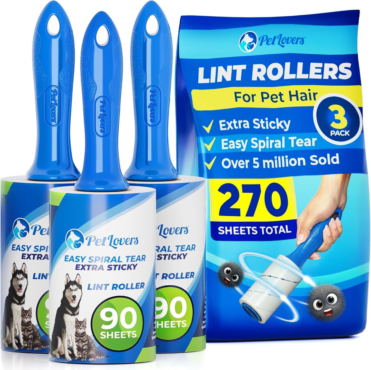PetLovers Extra Sticky Lint Roller Mega Value Set 450 Sheets for Pet Hair Removal and Clothes, Dog and Cat Lint Remover 5 Pack