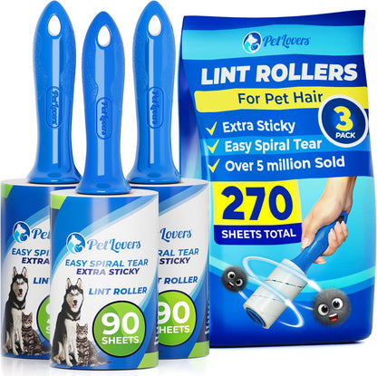 PetLovers Extra Sticky Lint Roller Mega Value Set 450 Sheets for Pet Hair Removal and Clothes, Dog and Cat Lint Remover 5 Pack