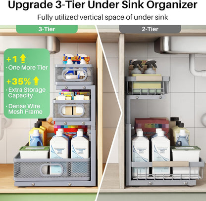Kitstorack Under Sink Organizer, 2-Pack 3-Tier Height Adjustable Thickened Metal Pull out Cabinet Organizer Shelf, Slide out Storage Drawer Rack for Bathroom Kitchen Pantry Home Laundry Organization