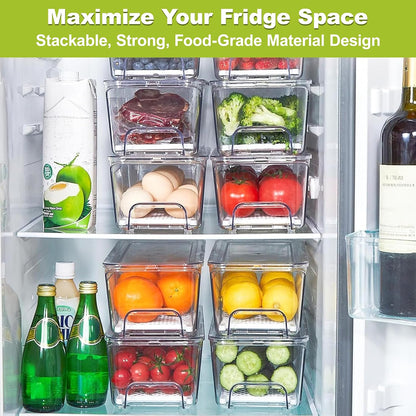 4-Pack Refrigerator Drawer Organizer Bins, Clear Stackable Pull Out Fridge Organizers and Storage Container, with Strainer Layer for Fruits, Vegetables, Drinks, Snack and Food