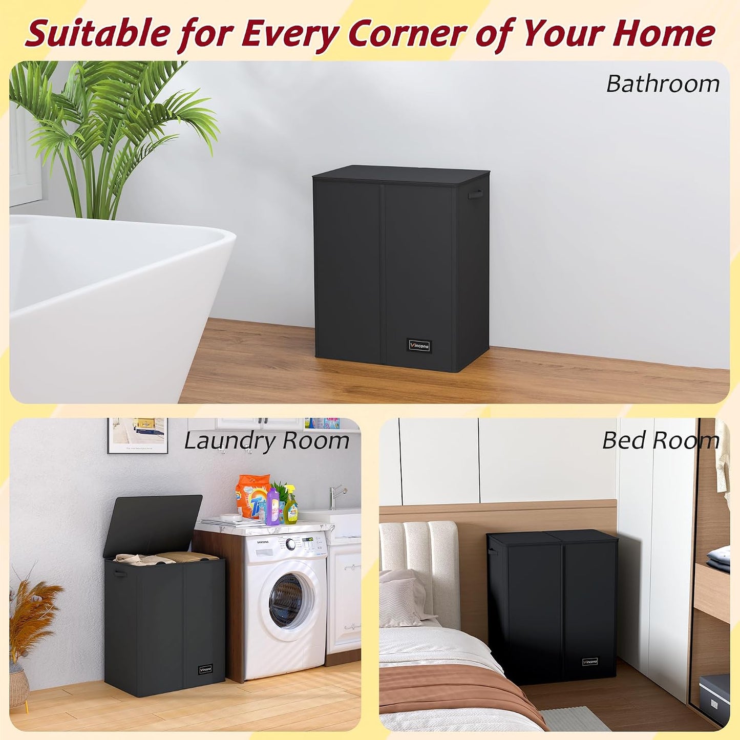 195L Laundry Hamper 3 Section,Large Laundry Hamper with Lid,Dirty Clothes Hamper with 3 Inner Bags,Collapsible Laundry Basket Organizer for Laundry Room,Bedroom,Laundry Sorter Hamper 3 Compartment