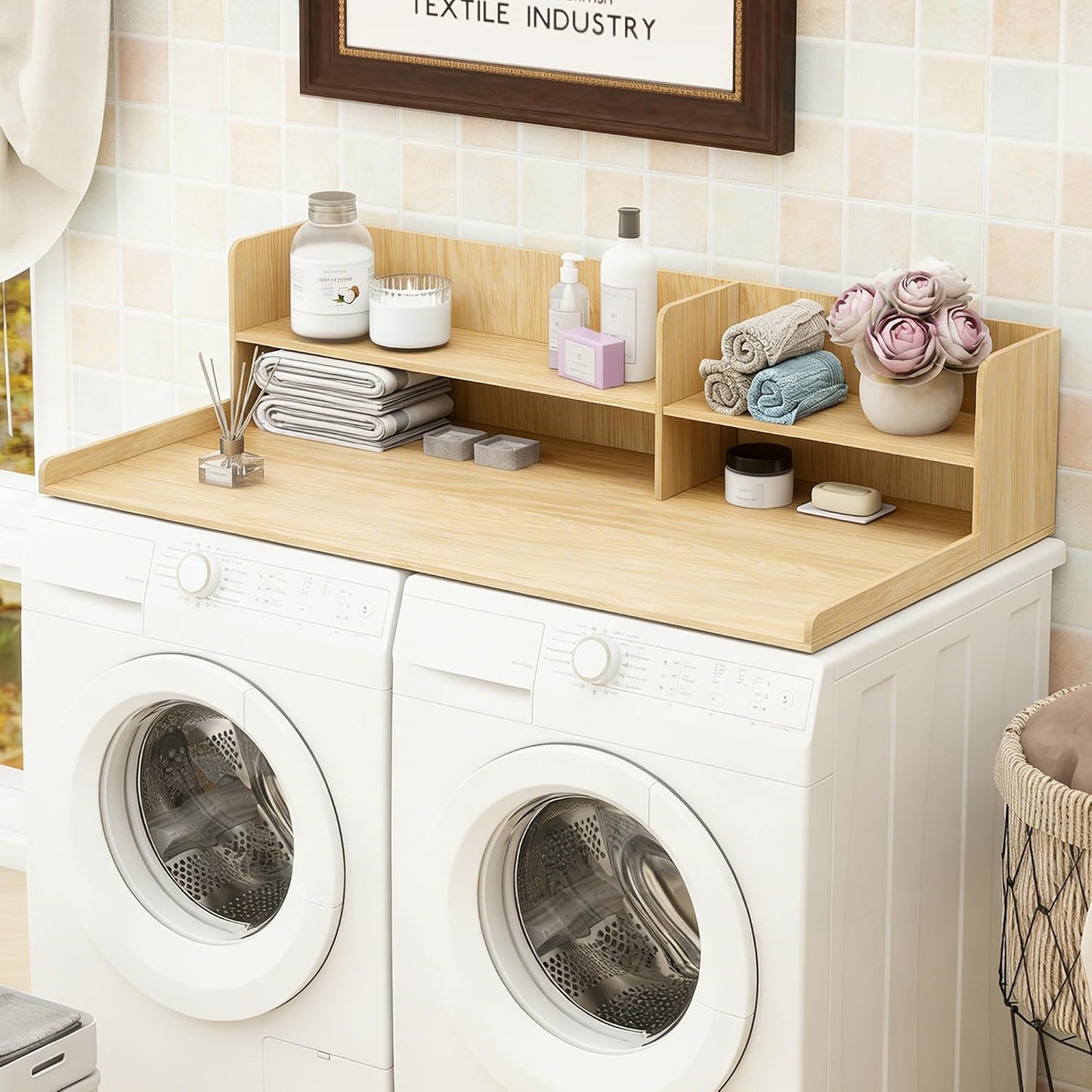 2 Tier Wooden Washer Dryer Topper, Large Laundry Countertop Cover, Walnut | Washer And Dryer Topper Non-Slip Pads,Over Washer And Dryer Shelves For Clothes Folding,Space Saving Laundry Room Organizer
