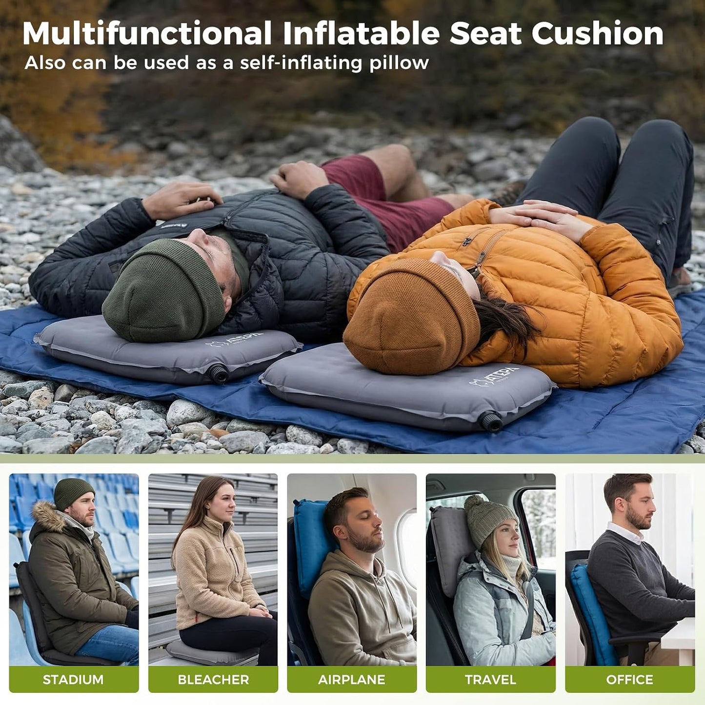 ATEPA Inflatable Seat Cushion | 2" & 2.5" foam core seat pad, Self inflating, Compact, Stadium, Airplane, Travel, Camping, Hiking, Sports events