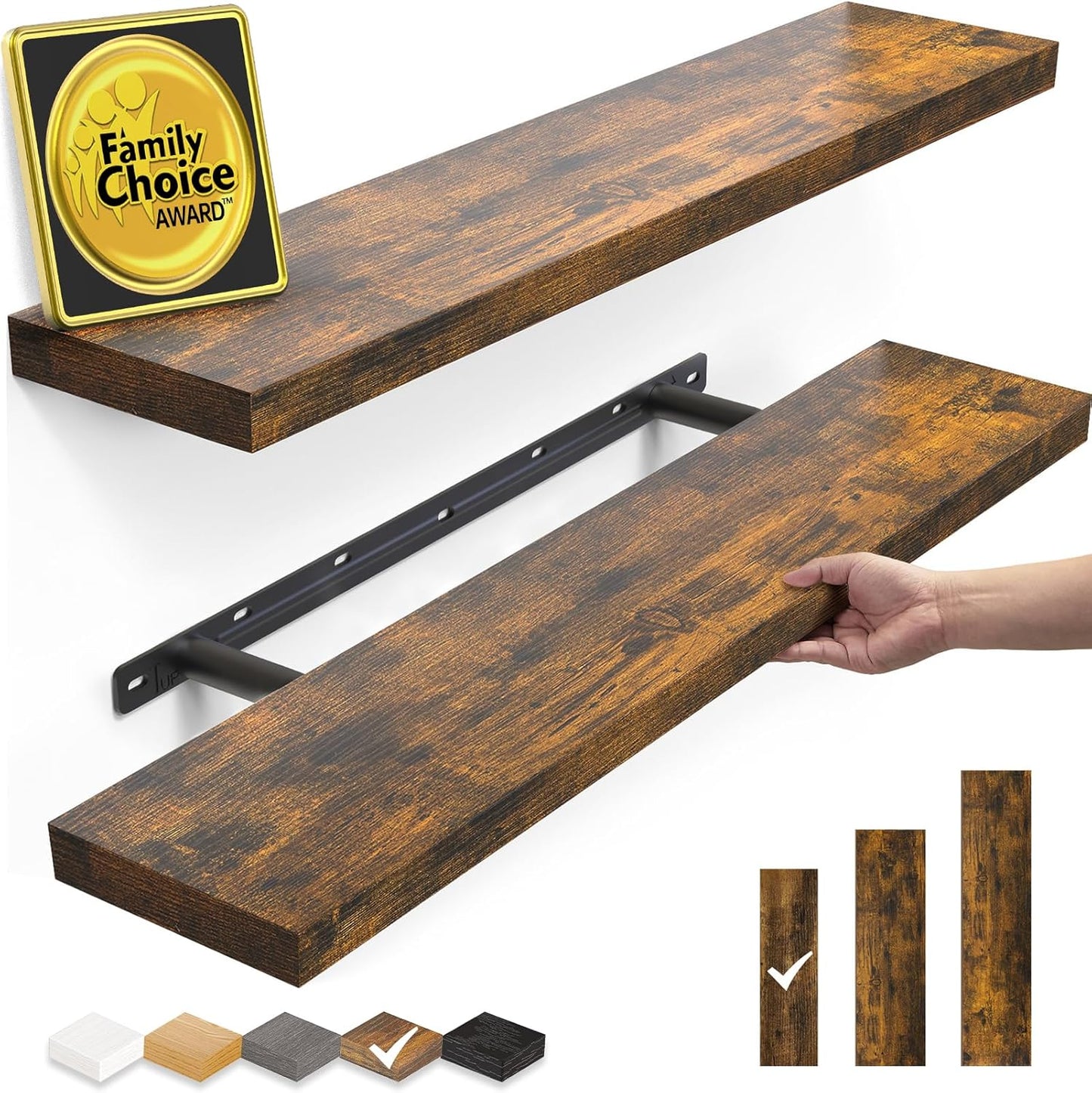 BAYKA Rustic Brown Floating Shelves 22.5in, Set of 2, Wall Mount Wood Shelf | Easy Install, 22lbs Max Load, Hidden Bracket, for Bathroom Bedroom Living Room or Kitchen, Hanging Shelf Book Decor Storage