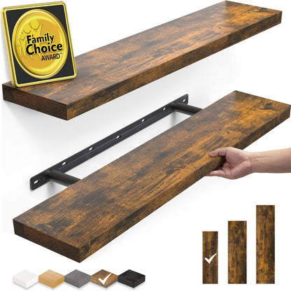 BAYKA Rustic Brown Floating Shelves 22.5in, Set of 2, Wall Mount Wood Shelf | Easy Install, 22lbs Max Load, Hidden Bracket, for Bathroom Bedroom Living Room or Kitchen, Hanging Shelf Book Decor Storage