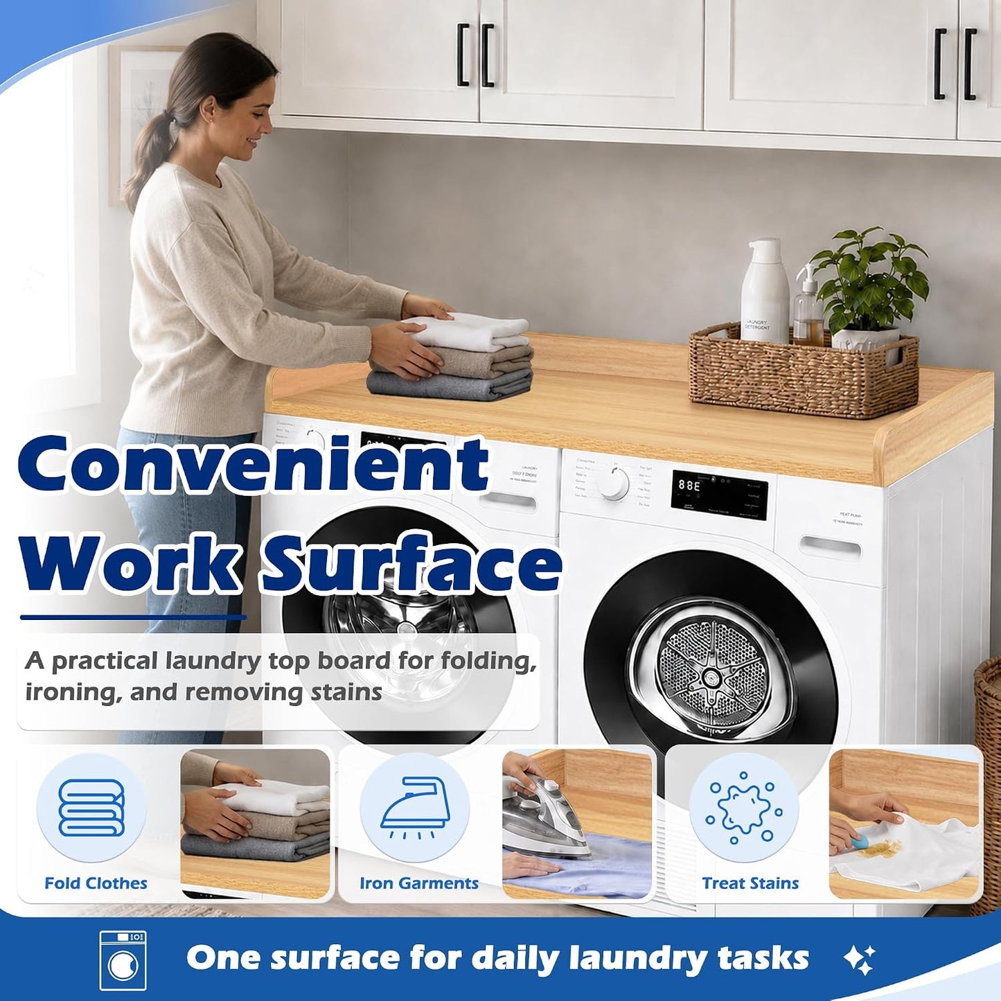 ROYXEN Washer Dryer Countertop, Laundry Countertop Solid Wood, Countertop for All Front-Loaded Washing Machine and Dryer, Extra Room for Laundry Room, Oak