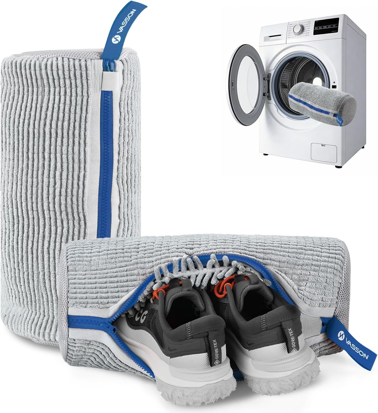 VASSON Shoe Washing Machine Bag, 2 Pack XL Laundry Bags for Sneakers | Heavy-duty thick material for noise reduction. Fits large shoes up to Size 13 - Cool Grey/Blue