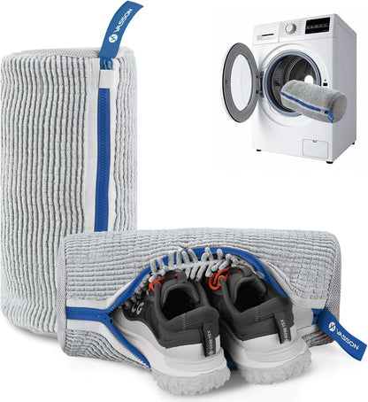 VASSON Shoe Washing Machine Bag, 2 Pack XL Laundry Bags for Sneakers | Heavy-duty thick material for noise reduction. Fits large shoes up to Size 13 - Cool Grey/Blue