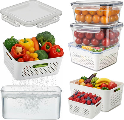 5 Pack Large Fruit Storage Containers for Fridge with Removable Colander | Plastic Food Storage Containers with Lids Airtight-Leak Proof Refrigerator Organizers and Storage of Vegetable