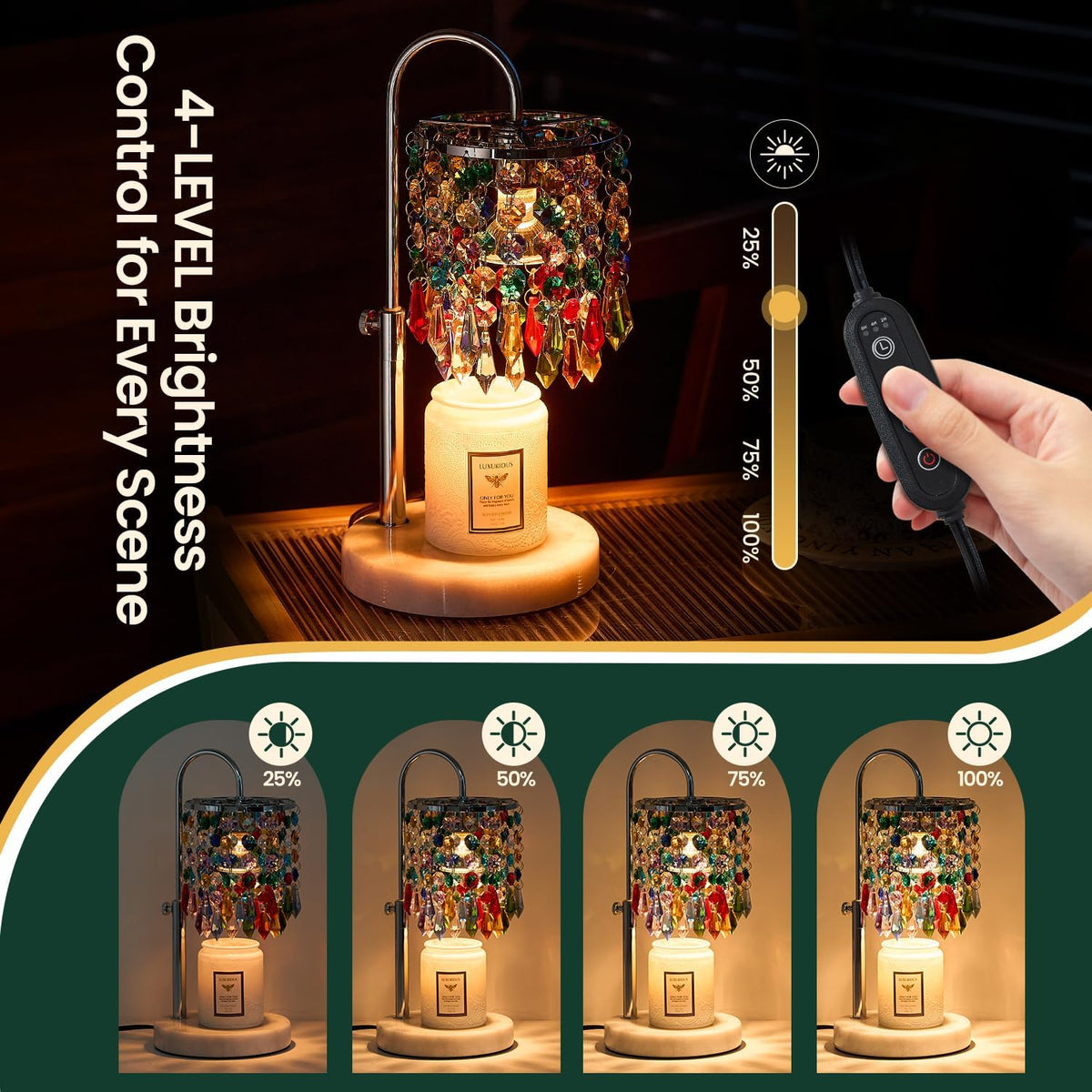 Candle Warmer Lamp with Timer Dimmer，2H/4H/8H Timer , Lamp Candle Warmer with Marble Base for Adjustable Height, Crystal Wax Melt Warmer for Jar Candles, House Warming Decor Gifts Mothers Day Gifts