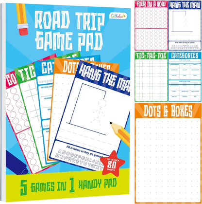 Road Trip Game Pad, 80 Perforated Sheets Travel Activity Pad, 5 Games in 1 Pad, Plane, Car Trip Activity, Pen Pencil & Paper Game for Kids, Adults (6” x 9”)