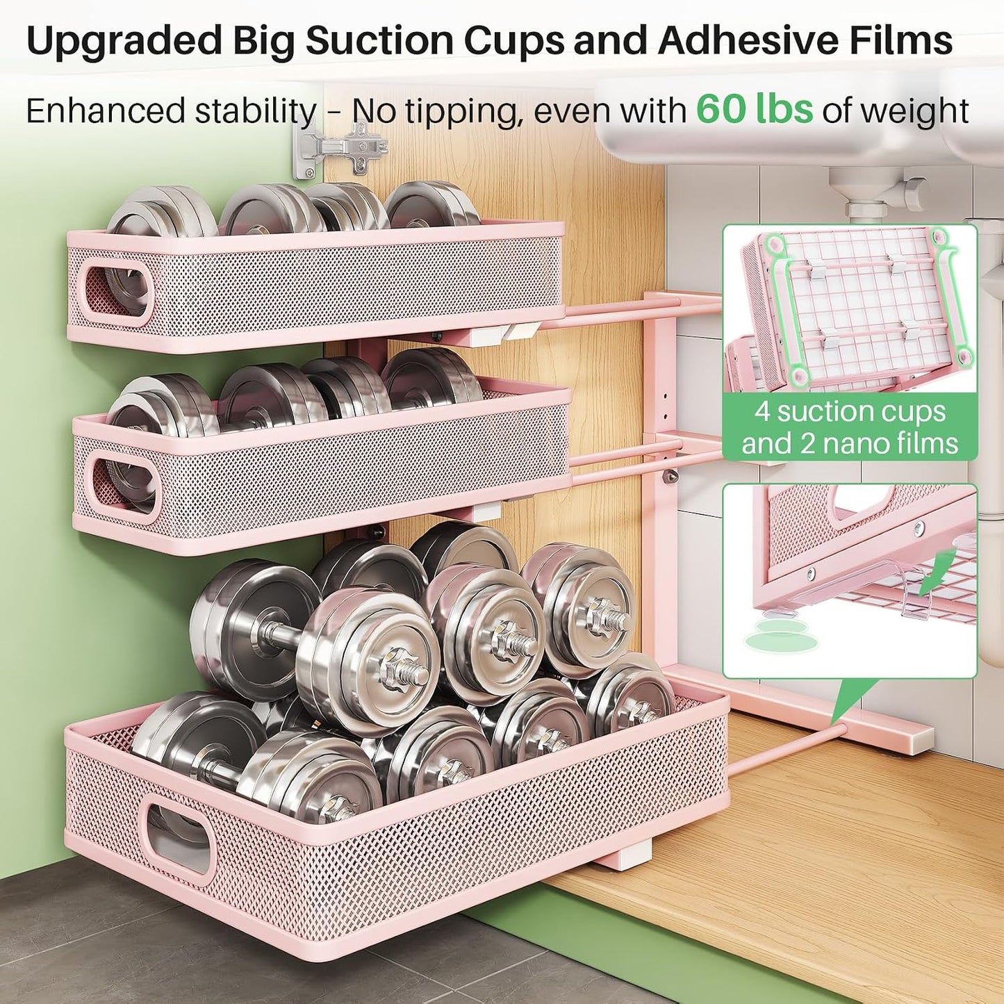 Kitstorack Under Sink Organizer, 2-Pack 3-Tier Height Adjustable Thickened Metal Pull out Cabinet Organizer Shelf, Slide out Storage Drawer Rack for Bathroom Kitchen Pantry Home Laundry Organization