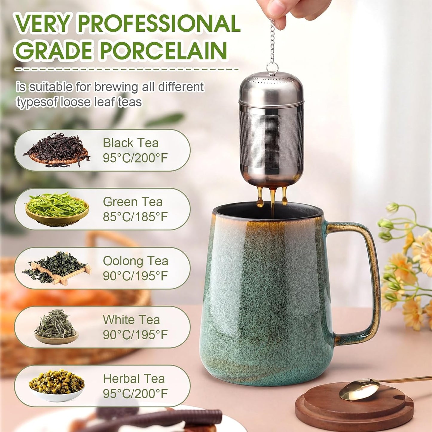 Zhehao 24oz Large Ceramic Tea Mug with Loose Leaf Infuser, Gift for Men Women, Coffee Cup with Lid & Spoon for Tea Lovers, Microwave & Dishwasher Safe, Present for Thanksgiving Christmas(Green)