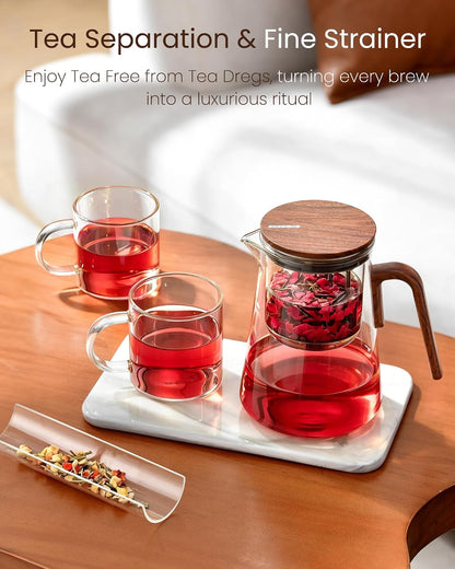 ZENS Magnetic Glass Infuser Teapot for Loose Tea, 27oz Walnut Wood Handle | Magic Teapot with Infuser, Echanted Tea Maker, Mess-Free Loose Leaf Tea Diffusers for Tea lover Gifts