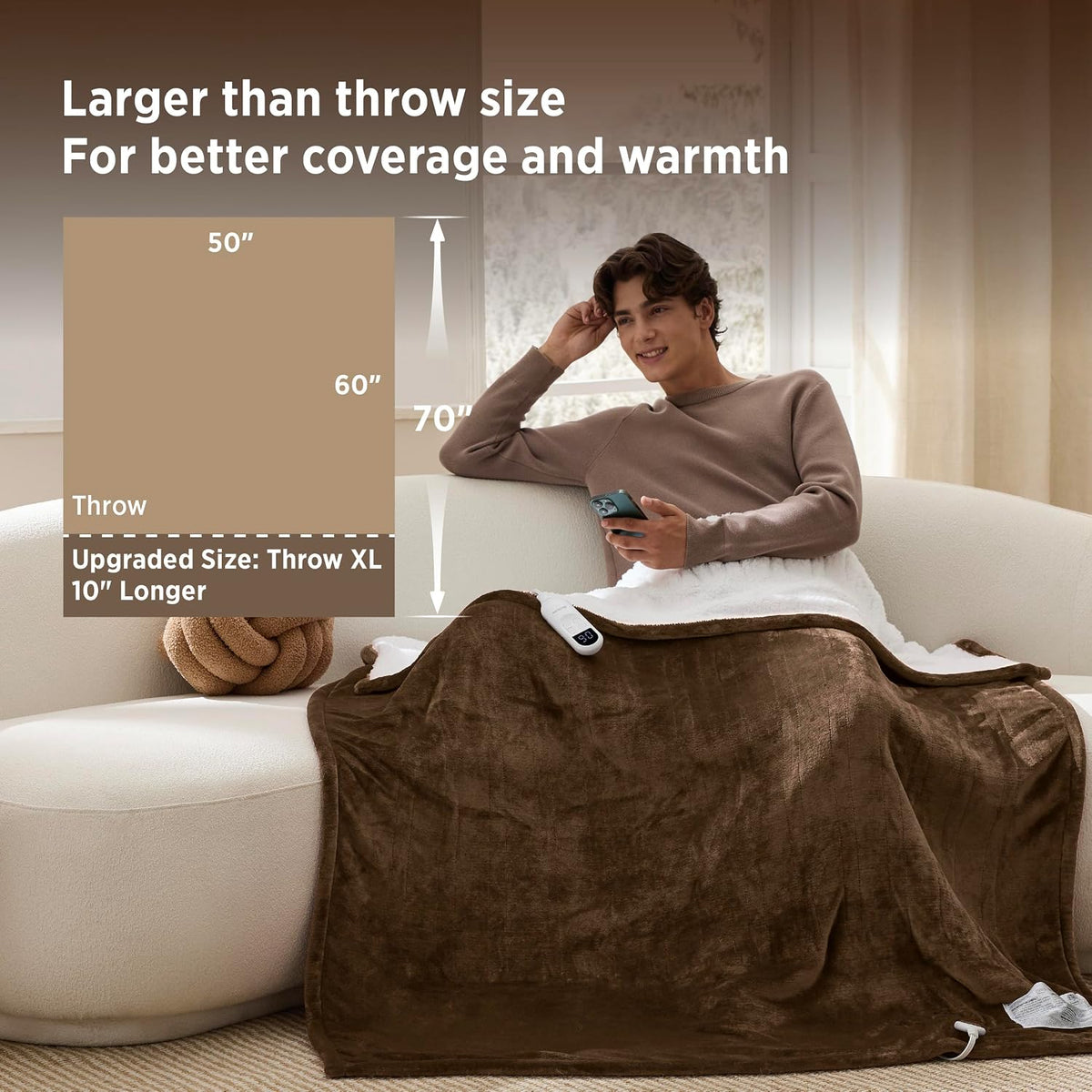 Bedsure Heated Blanket Throw, Soft Electric Blanket with Preheat, Cream