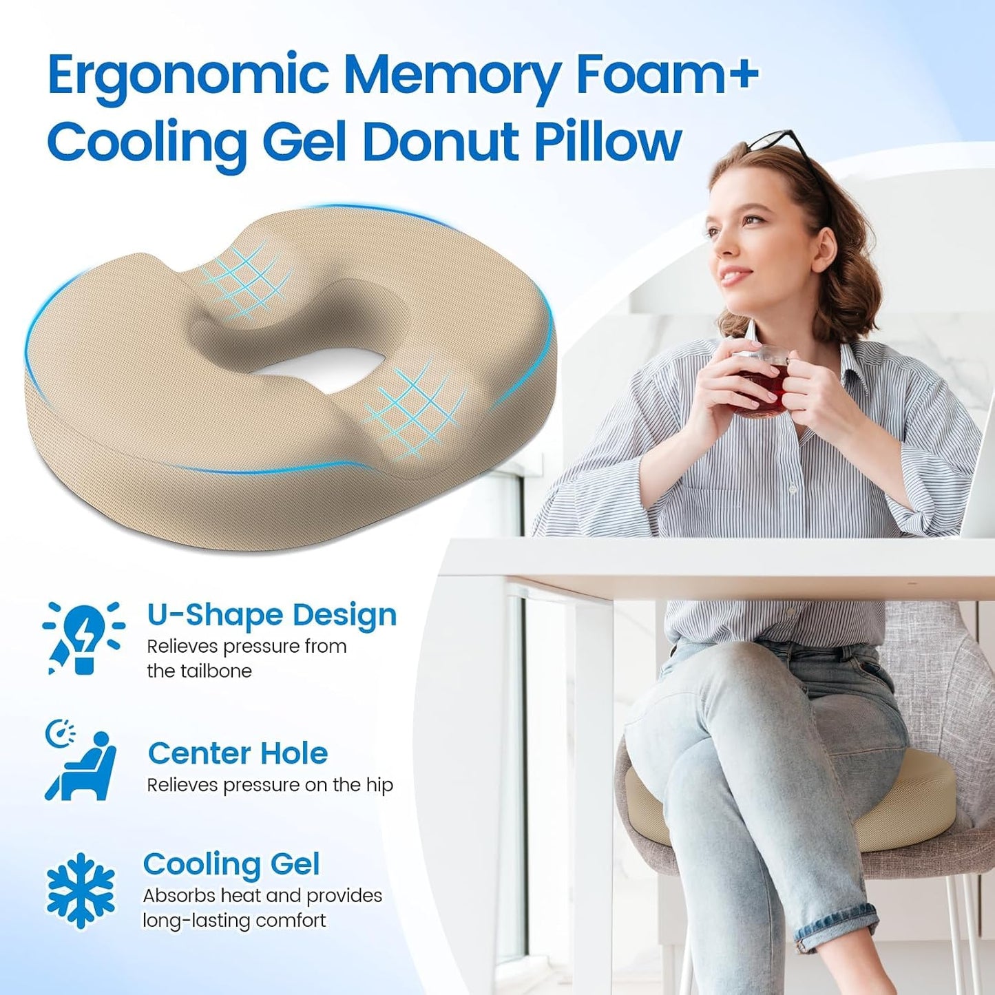Donut Pillow Seat Cushion, Cooling Gel Memory Foam Chair Cushion, Black | Office, Home & Car Seat Cushion, Butt Pillow for Tailbone Pain Relief, Hemorrhoids and Everyday Sitting Comfort