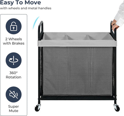 STO STO Laundry Hamper 2 Section, 100L Rolling Laundry Sorter Cart with Removable and Washable Liner Bag, Clothes Hamper with Wheels and Metal Handle for Laundry Room and Bedroom