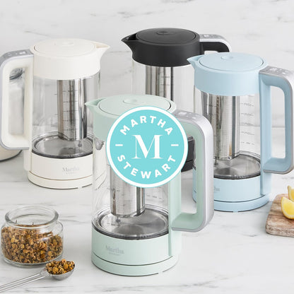 Martha Stewart 1.7L Glass Carafe Electric Kettle with Removable Tea Infuser | 7 Cups, 4 Presets, Rapid Boiling, Stainless Steel Tea Leaf Infuser, Cordless Swivel Base, Keep Warm, Auto Shut-Off, Linen