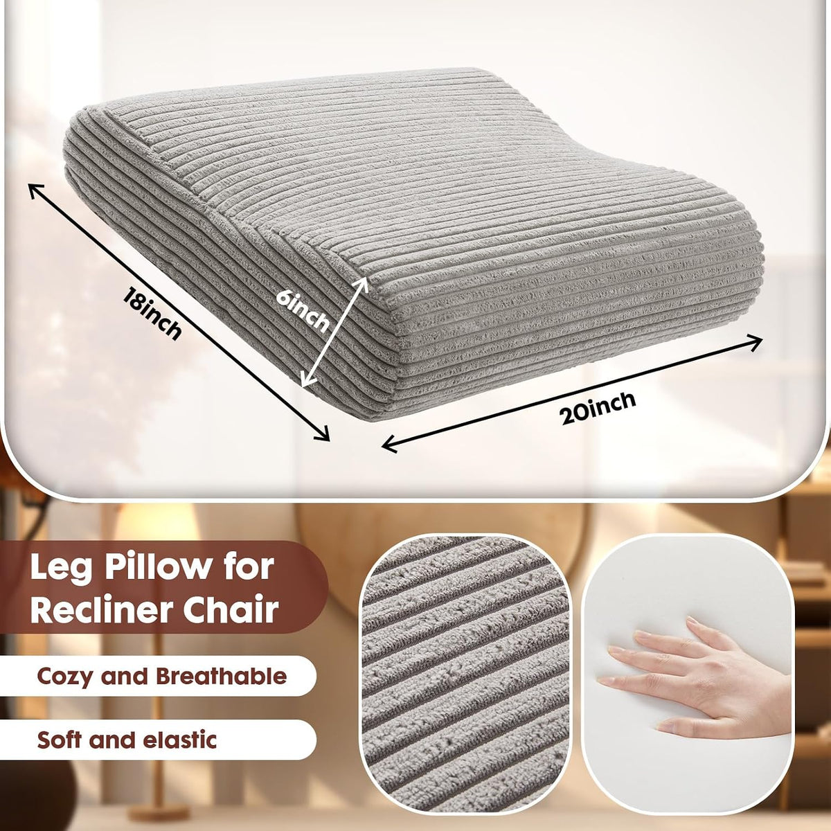 B Shape Corduroy Recliner Foot Pillow, Foam Extra Large Foot Rest Cushion with Adjustable Straps, Suitable for Bed Chair Sofa Headrest Back Lumbar Leg Support Pillow (Light Brown)