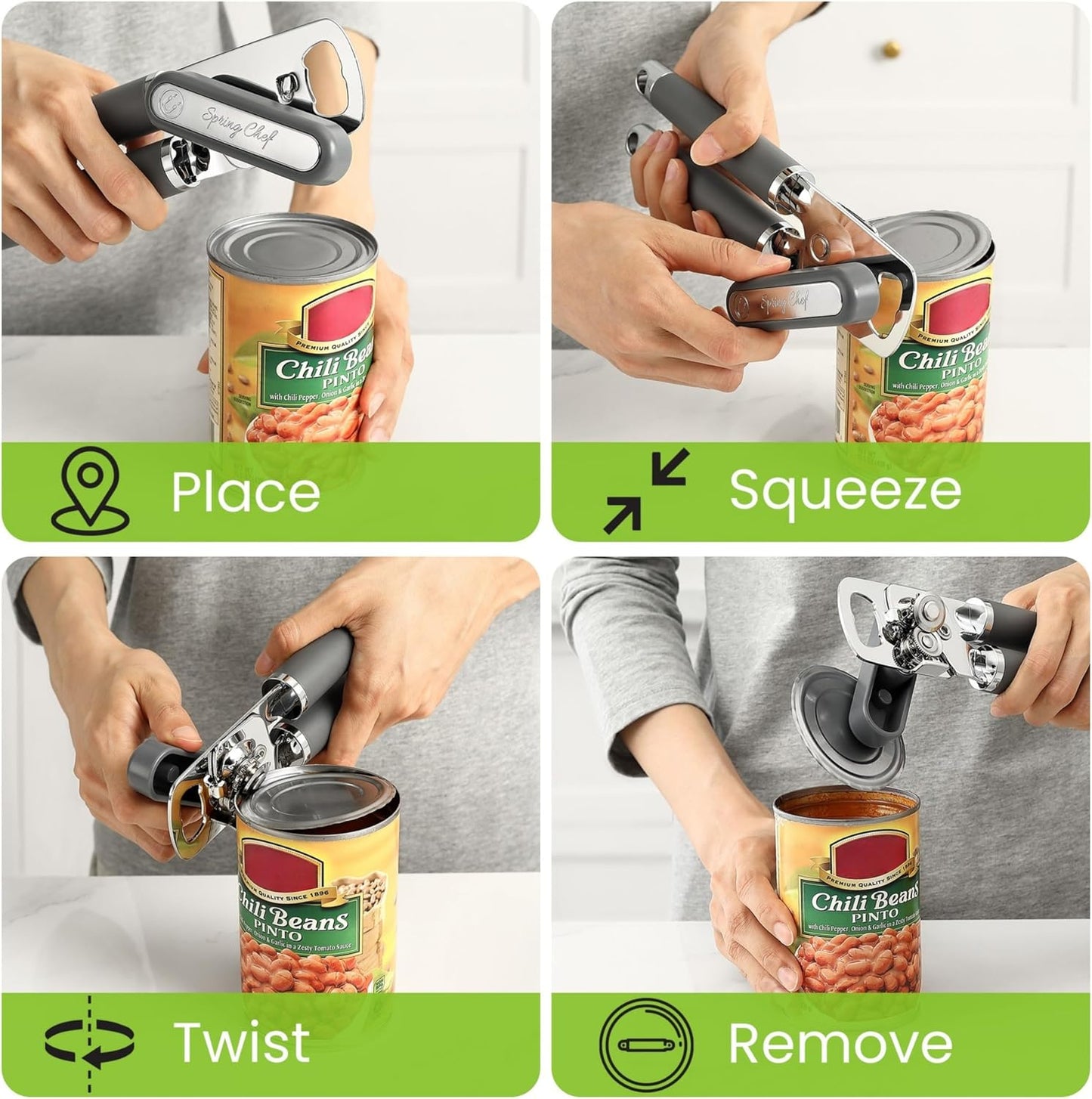 Spring Chef Stainless Steel Manual Can Opener with Soft Grip Handles, Black | Heavy Duty Hand Can Opener for Seniors with Smooth Edge, Easy Turn, 3in1 Can Opener with Magnetic Lid Remover & Bottle Opener